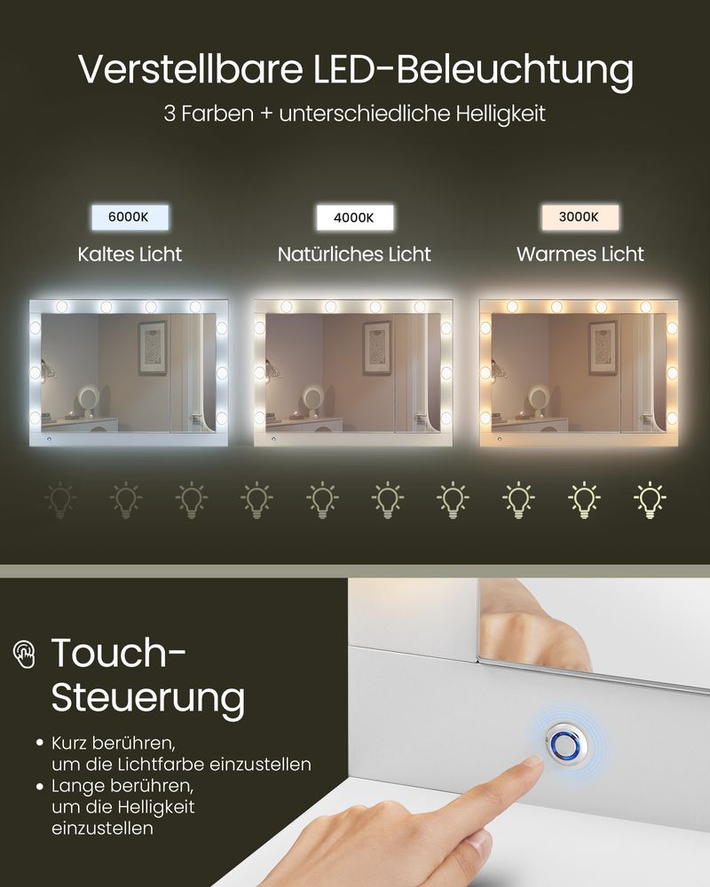 led hollywood schminkspiegel mit 3 farben beleuchtung und touch-steuerung