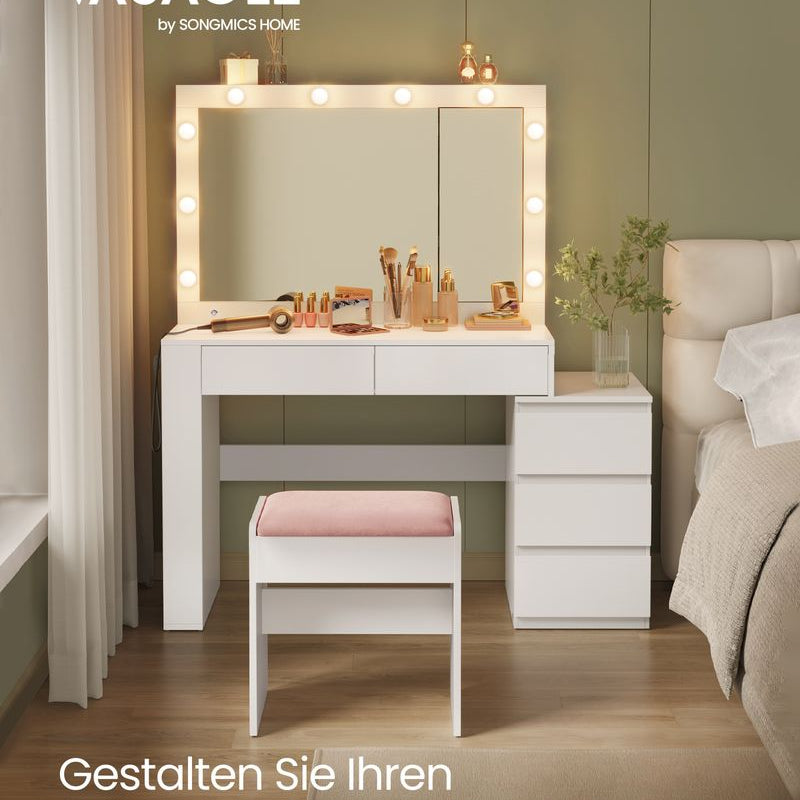 schminktisch set mit großem hollywood spiegel, schubladen und kommode, sitzbank in weiss