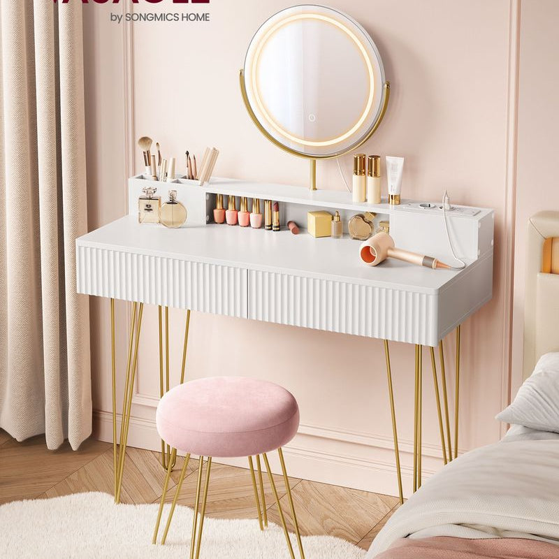 Kleiner Schminktisch mit Spiegel und Hocker Set in rosa weiss gold