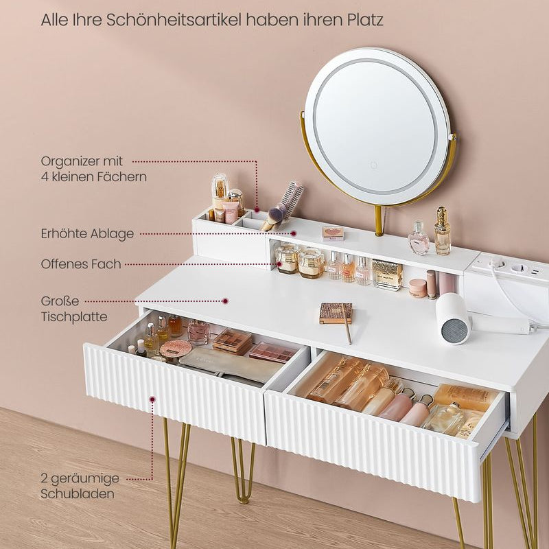 Schminktisch mit offenen Schubladen und Stauraum mit Spiegel