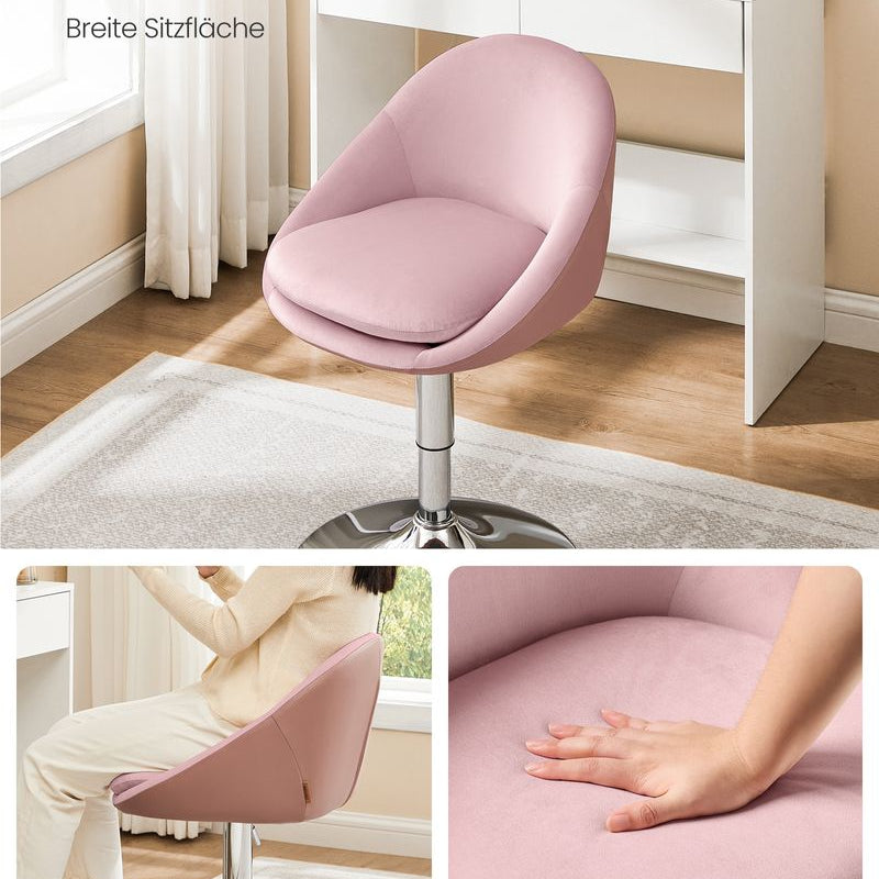 rosa barstuhl mit gepolstertem kissen, ergonomische rückenlehne, höhenverstellbar mit sockel