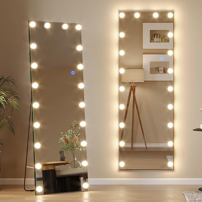 Großer LED Ganzkörperspiegel mit vielen Glühbirnen in gold