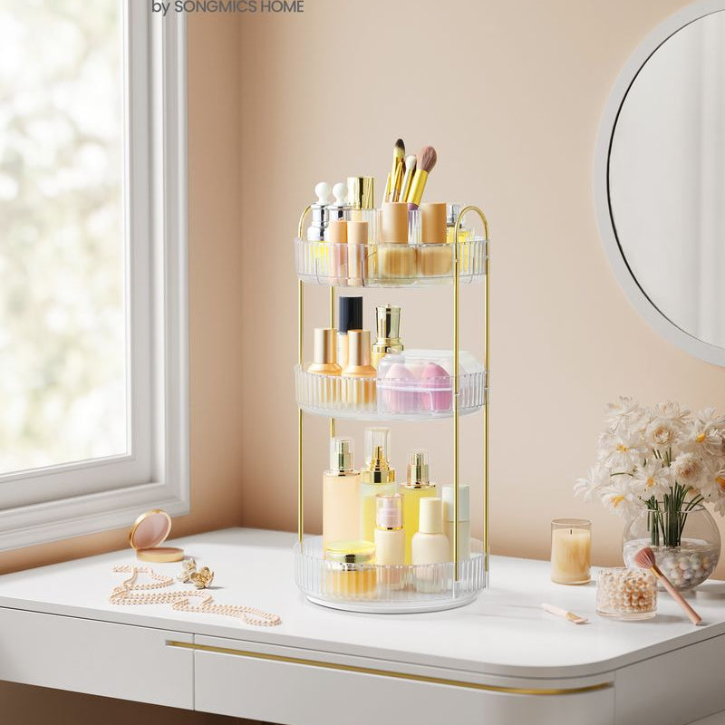makeup organizer mit 3 ebenen in transparent und gold