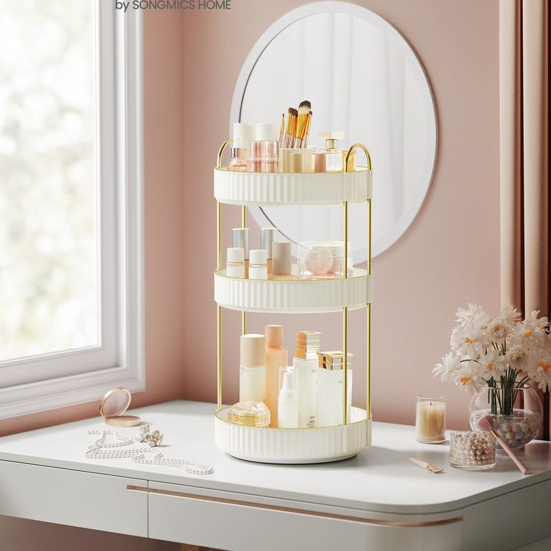 drehbarer makeup organizer mit 3 ebenen in weiss gold