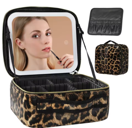 Kosmetiktasche Make up Organizer mit LED Spiegel Leo Muster