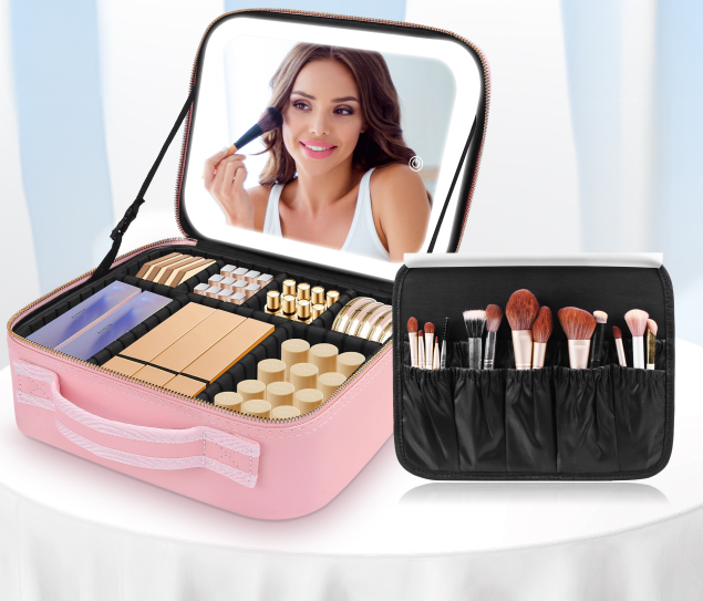 Kosmetiktasche Make up Organizer mit LED Spiegel rosa