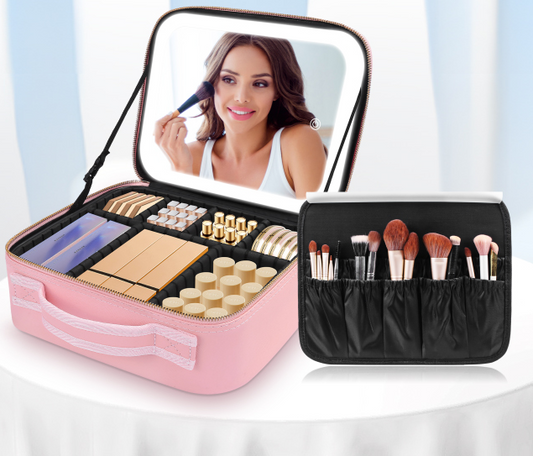 Kosmetiktasche Make up Organizer mit LED Spiegel rosa