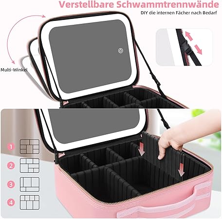 Kosmetiktasche Make up Organizer mit LED Spiegel rosa