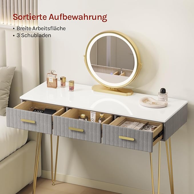 Grauer schminktisch set mit spiegel und stuhl 100cm