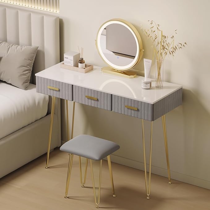 Grauer schminktisch set mit spiegel und stuhl 100cm