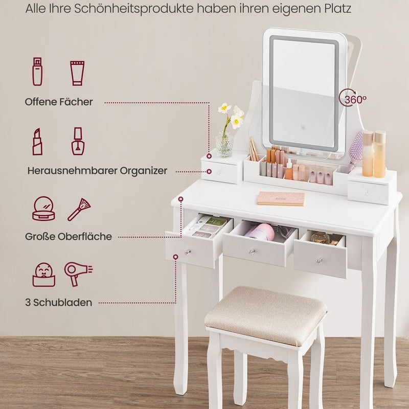 Kleiner schminktisch mit led spiegel und sitzbank in weiss