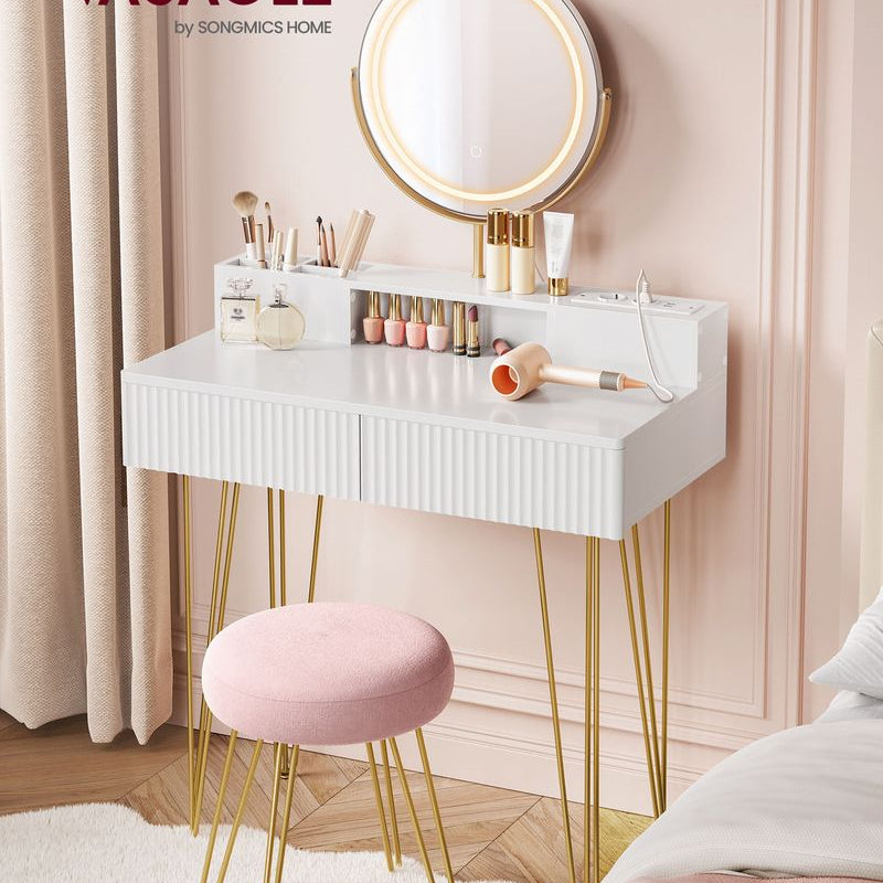 80cm Schminktisch Set mit Spiegel und Sitzhocker in weiss rosa gold