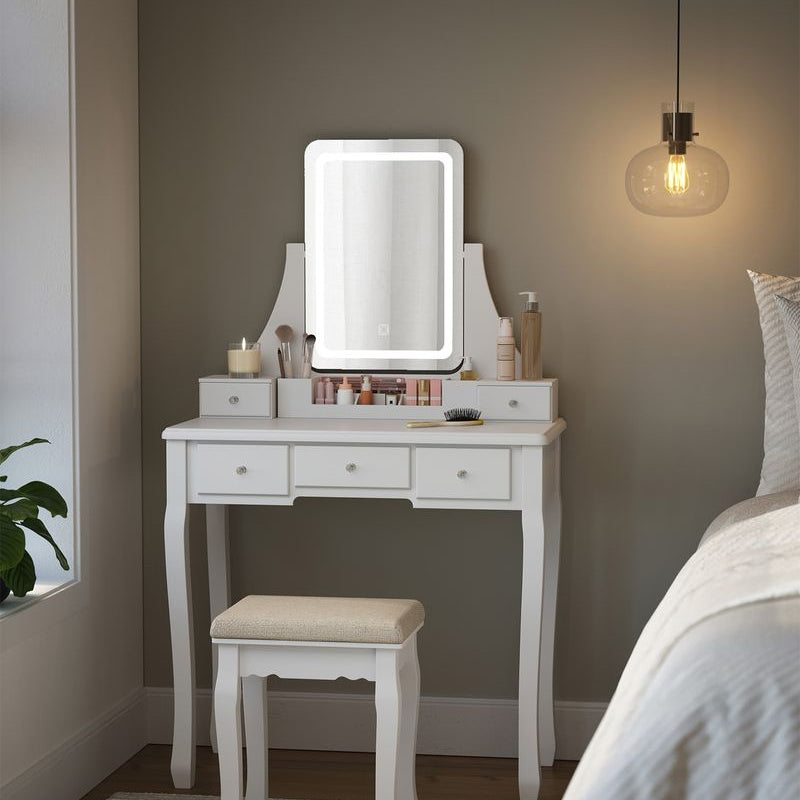 kleiner schminktisch mit sitzbank und led spiegel für schlafzimmer