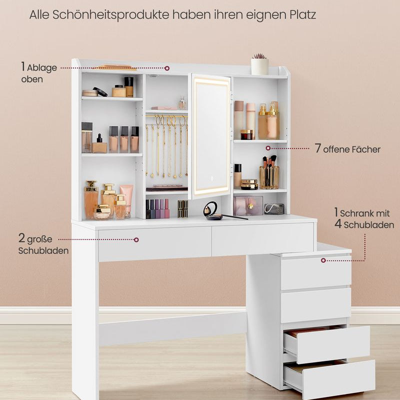 schminktisch mit stauraum und ablagen in weiss mit spiegel und kommode