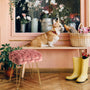 sitzbank mit gepolstertem sitzkissen in rosa und goldenen beinen
