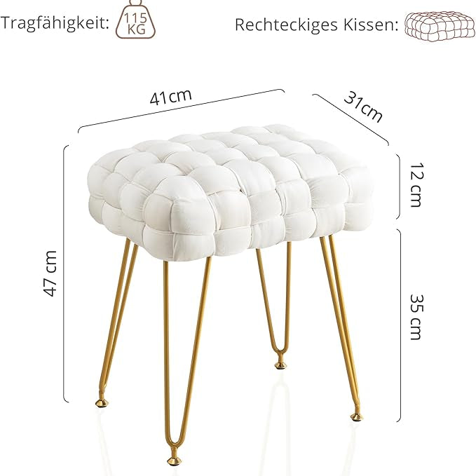 sitzhocker in weiss mit gepolstertem sitzkissen und goldenen beinen, 115kg maximale tragfähigkeit